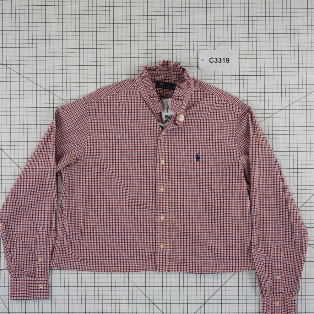Polo Ralph Lauren Shirt Top Womens Size XL Orange Navy Ruffle Collar Upcycled - Picture 9 of 9